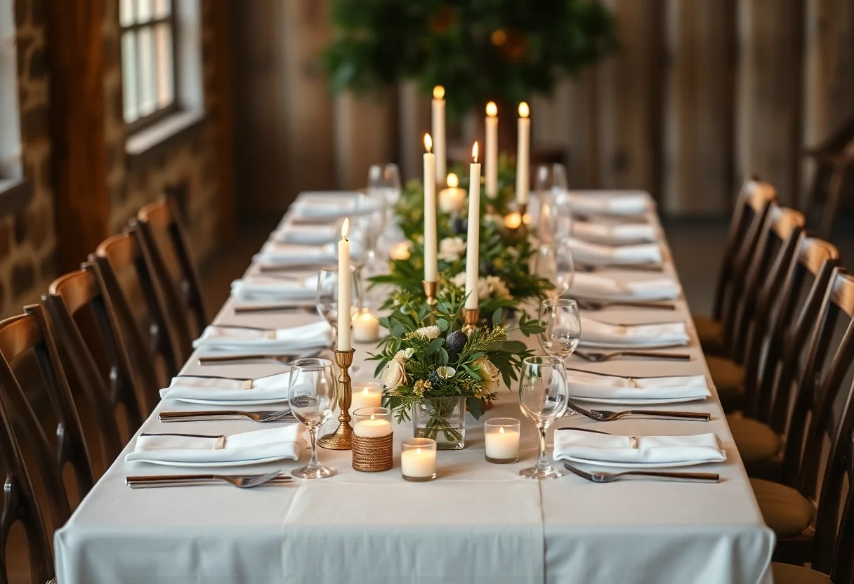 A beautifully set rustic wedding dinner table with candles and natural centerpieces.