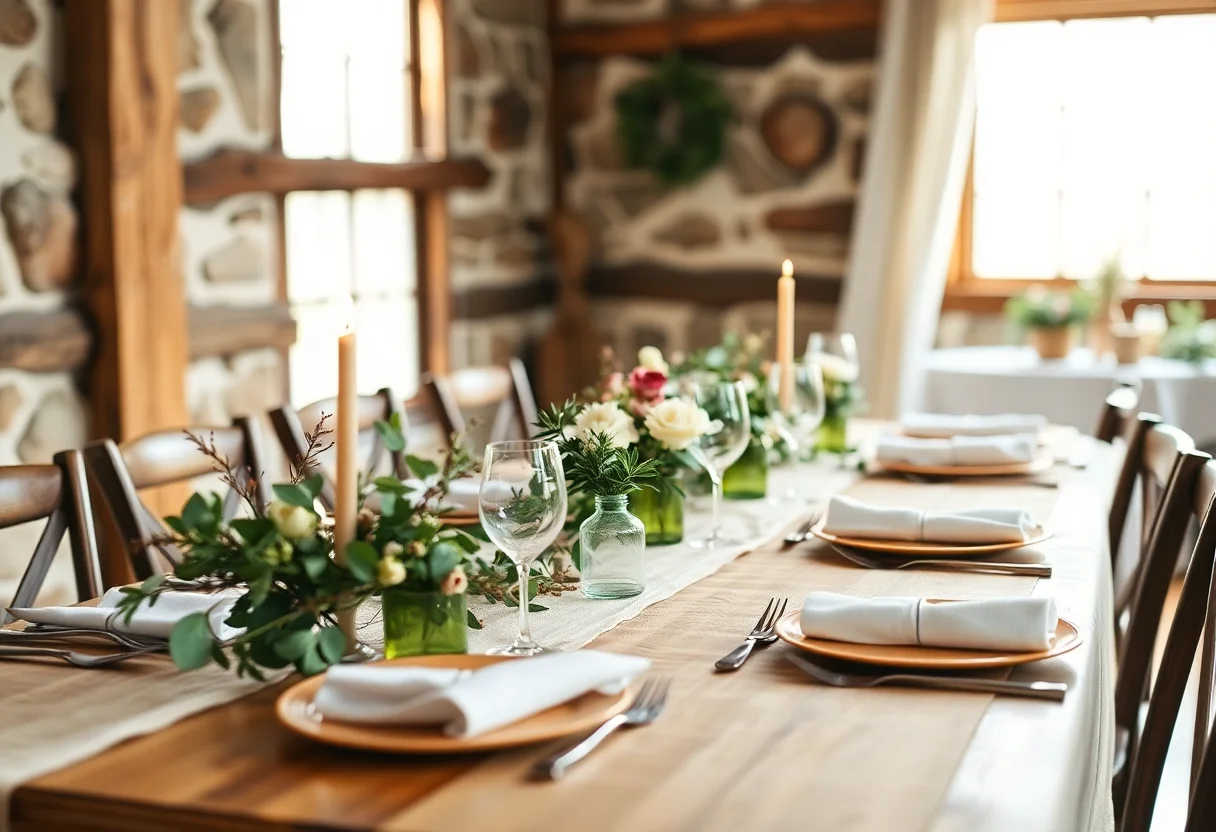 A beautifully set rustic wedding table with eco-friendly decorations and natural light.