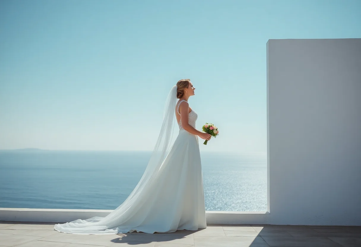 A bride and groom in a minimalist setting overlooking the sea.