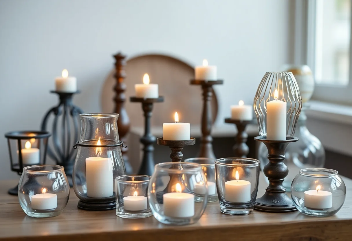A collection of vintage and reusable candle holders for ambient lighting.