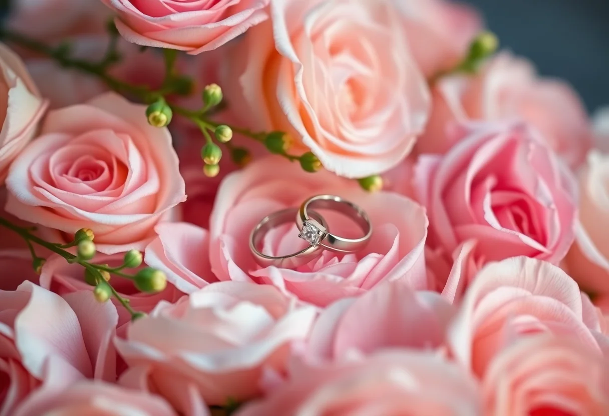 A romantic and dreamy shot of wedding rings on a bed of pastel flowers.