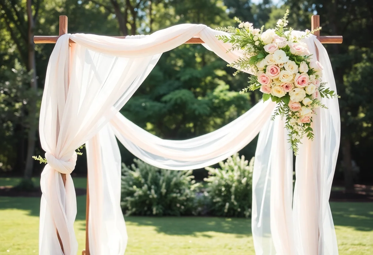 A romantic outdoor wedding arch decorated with flowing fabrics and pastel flowers.