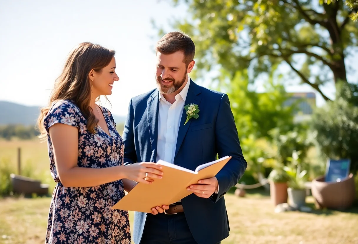 A wedding planner discussing eco-friendly options with a couple in a bright, natural setting.