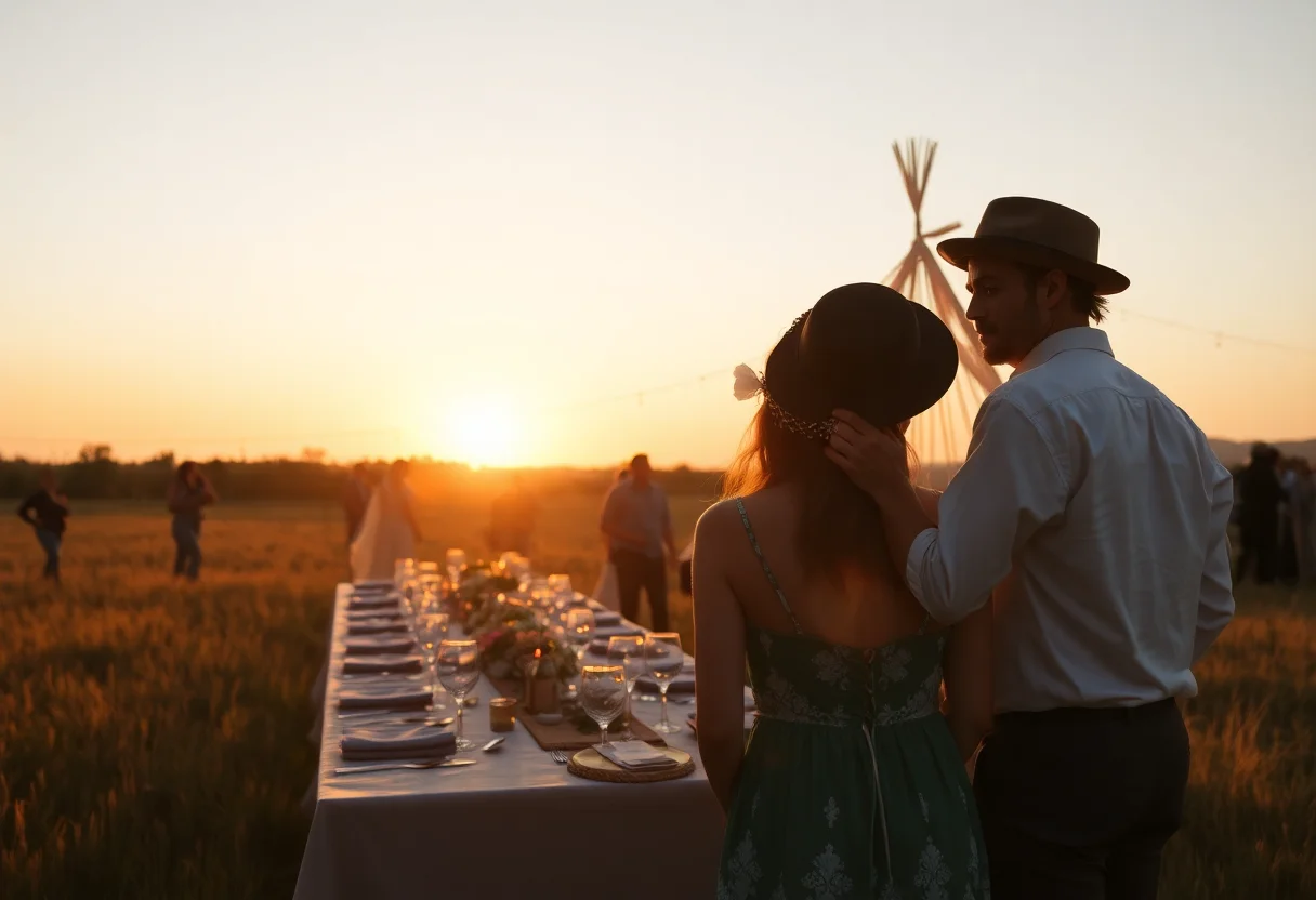 A wide shot of a bohemian wedding reception in a field at sunset.