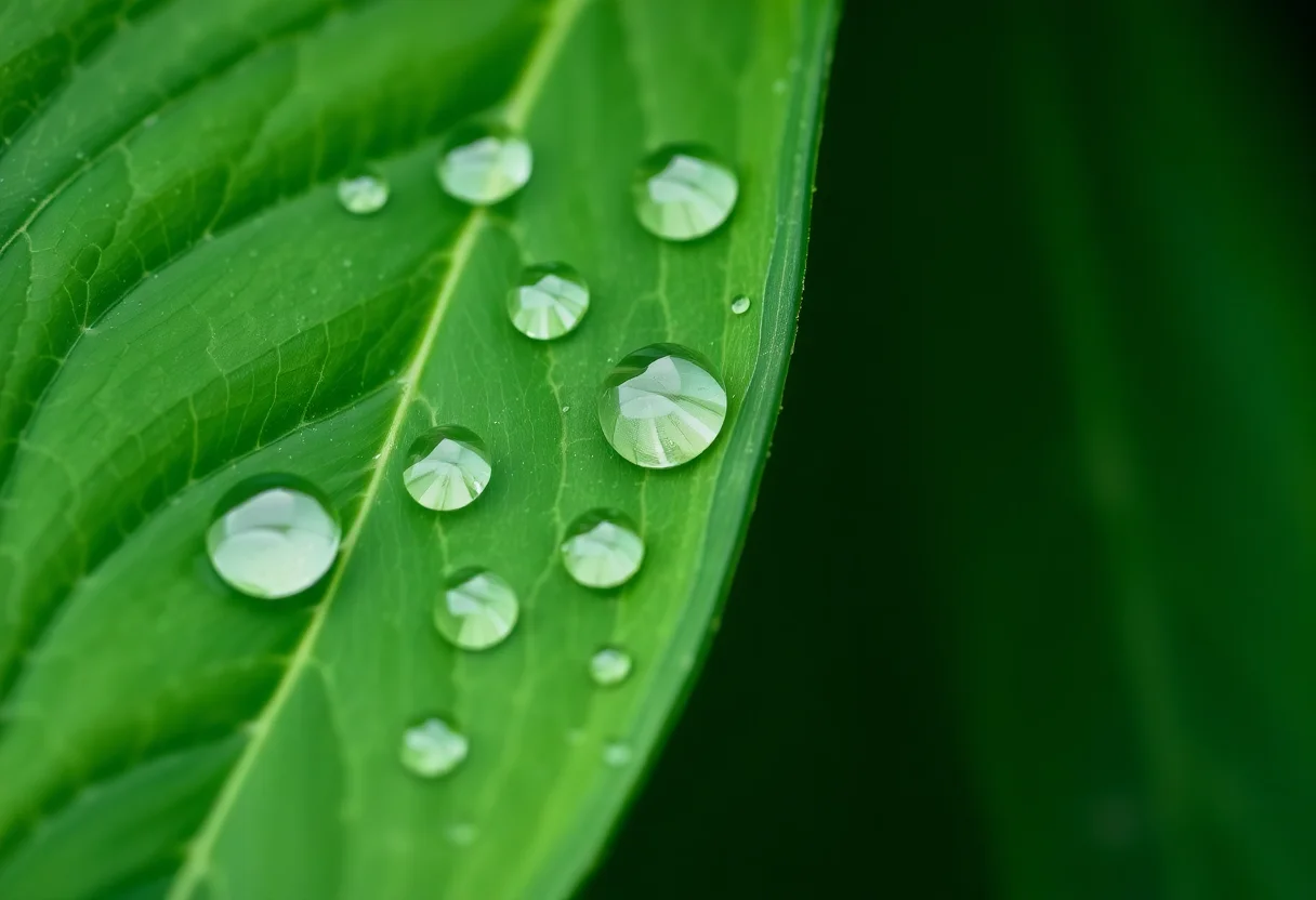 Close-up of a green leaf with water droplets, symbolizing nature and freshness