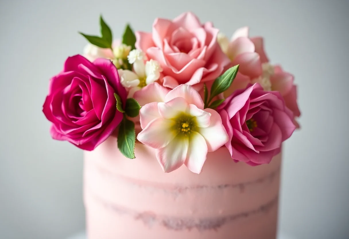 Close-up of a pastel pink wedding cake decorated with fresh flowers.