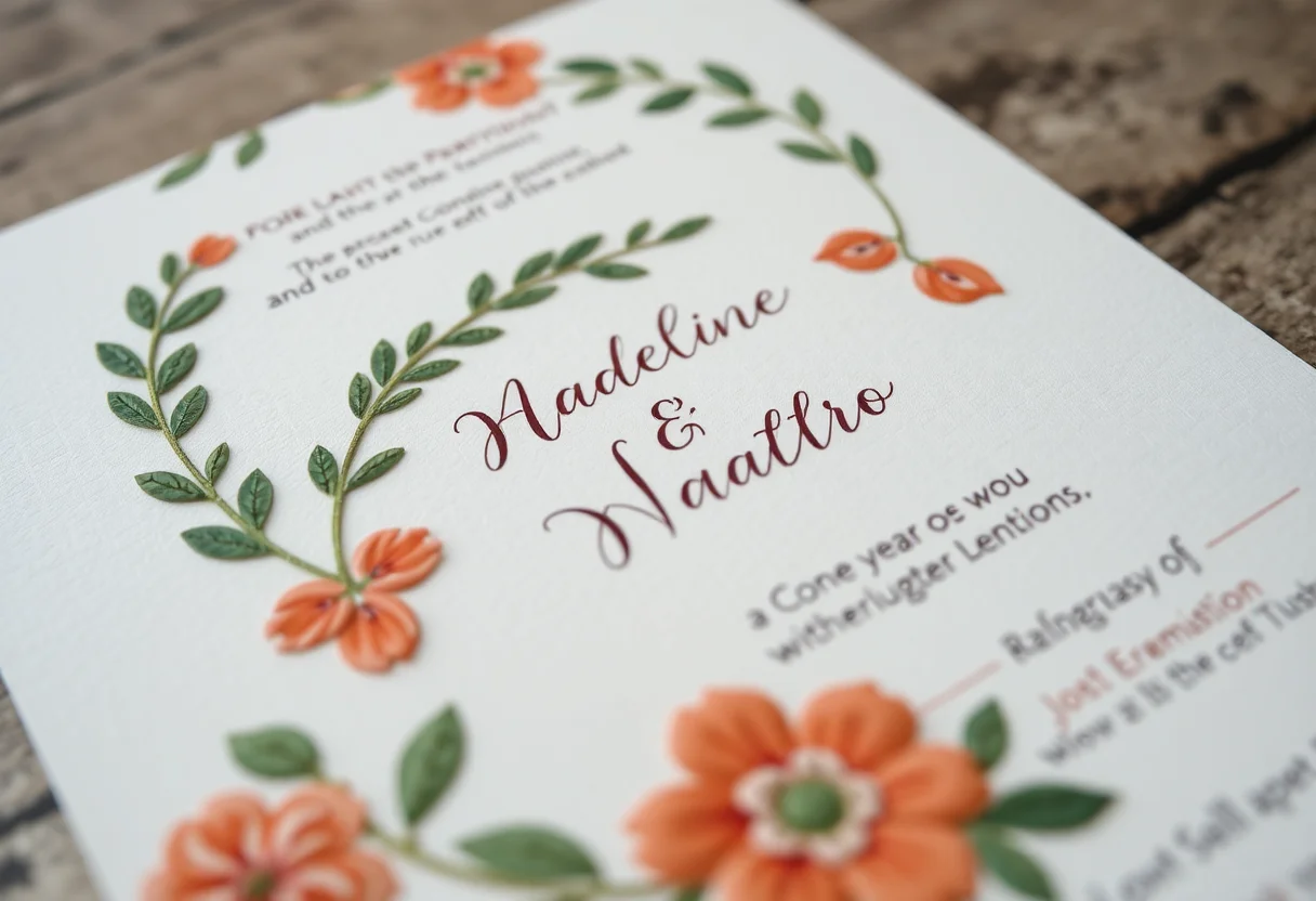 Close-up of a wedding invitation suite with Mediterranean-inspired details.