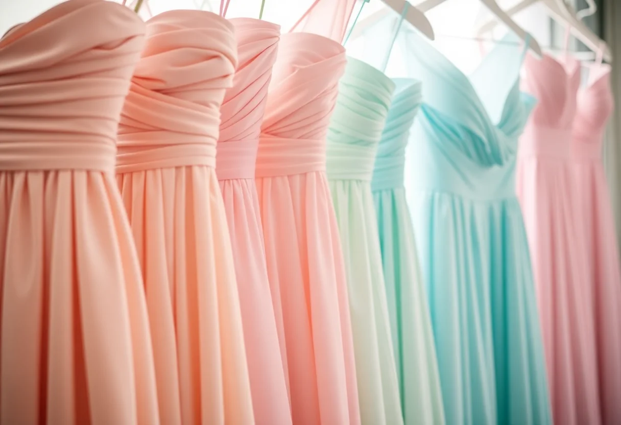 Details of pastel-colored bridesmaid dresses hanging in a row.