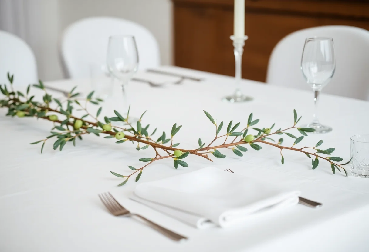 Minimalist Akdeniz düğün masası - zeytin dalları ve beyaz masa örtüleri