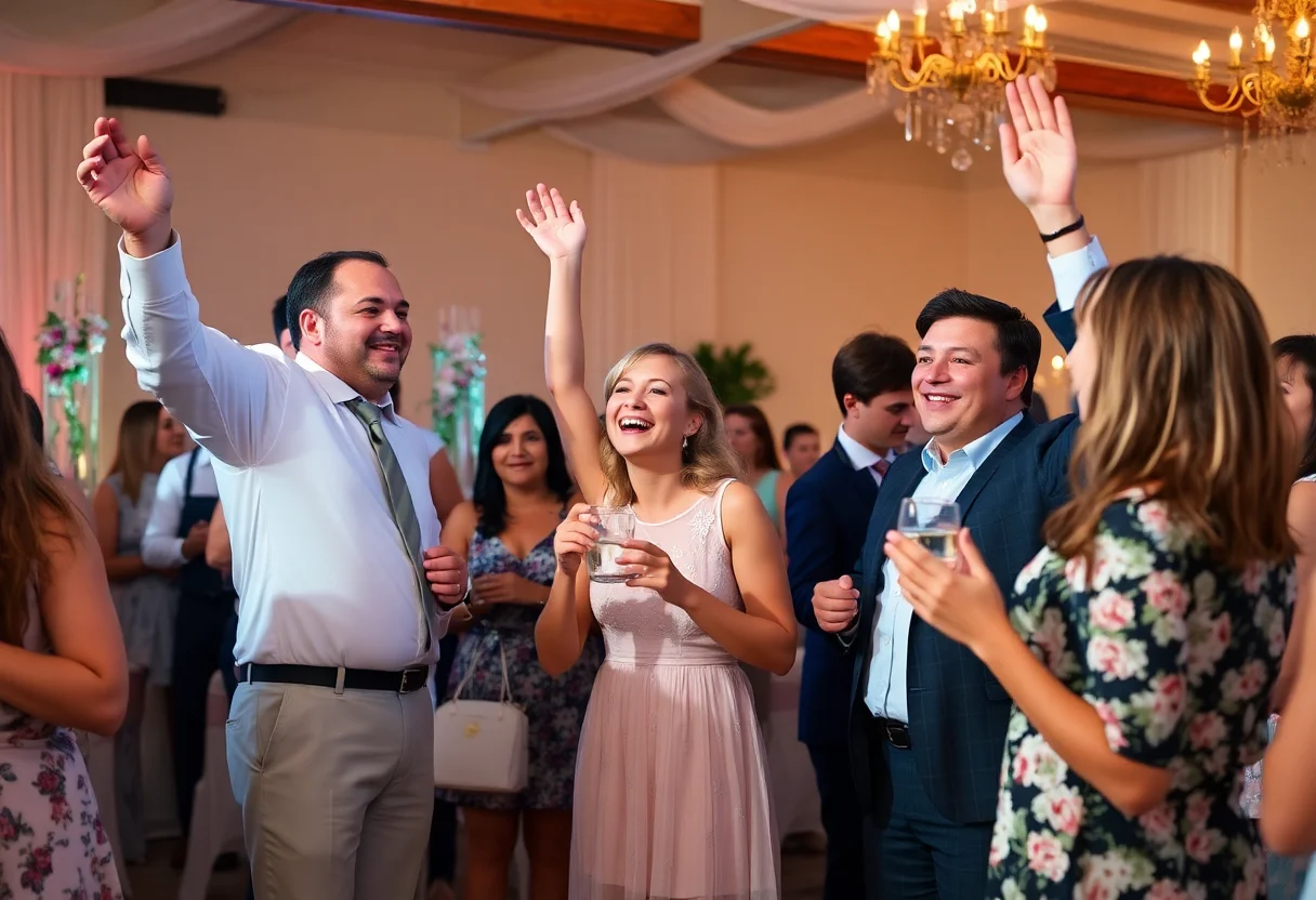 Guests celebrating at a spring wedding reception with pastel decorations.