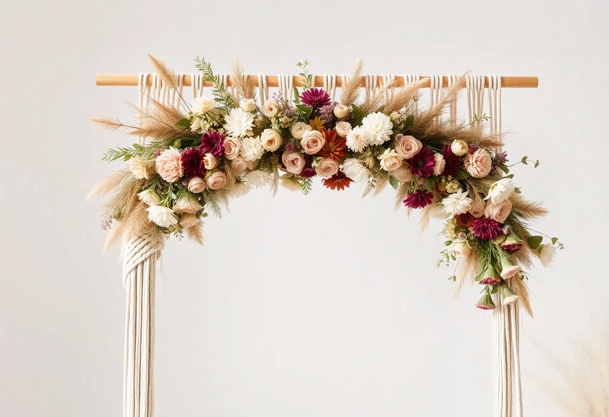 Handmade macrame wedding arch with dried flowers.