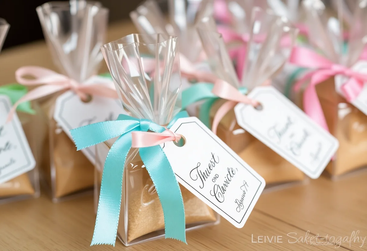 Handmade wedding favors with pastel ribbons and personalized tags.
