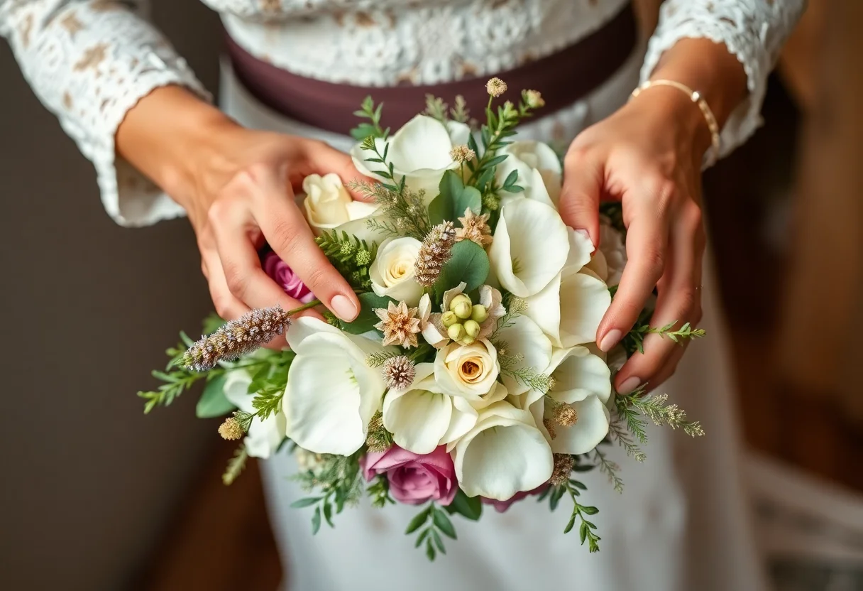 Hands of a florist arranging a sustainable wedding bouquet with natural elements.