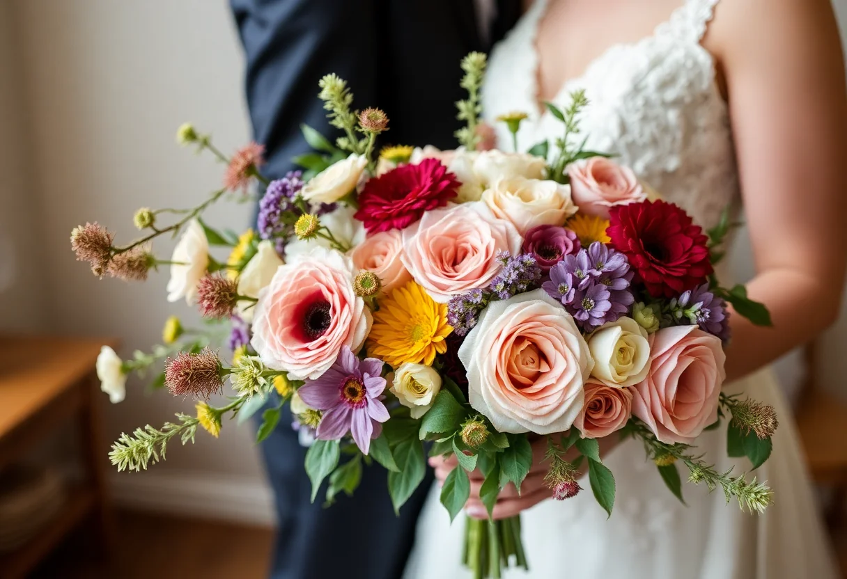 Locally sourced seasonal flowers used in a wedding arrangement.