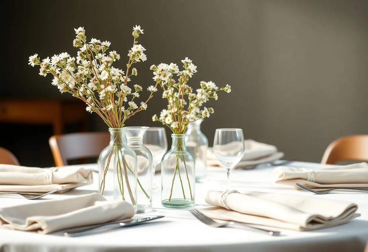 Table setting with recycled glass vases and natural linen napkins.