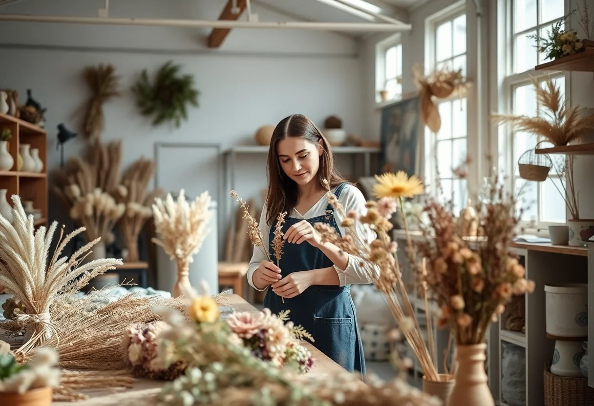 Two people carefully arranging dried flowers and natural decorations in a bright, airy workshop.