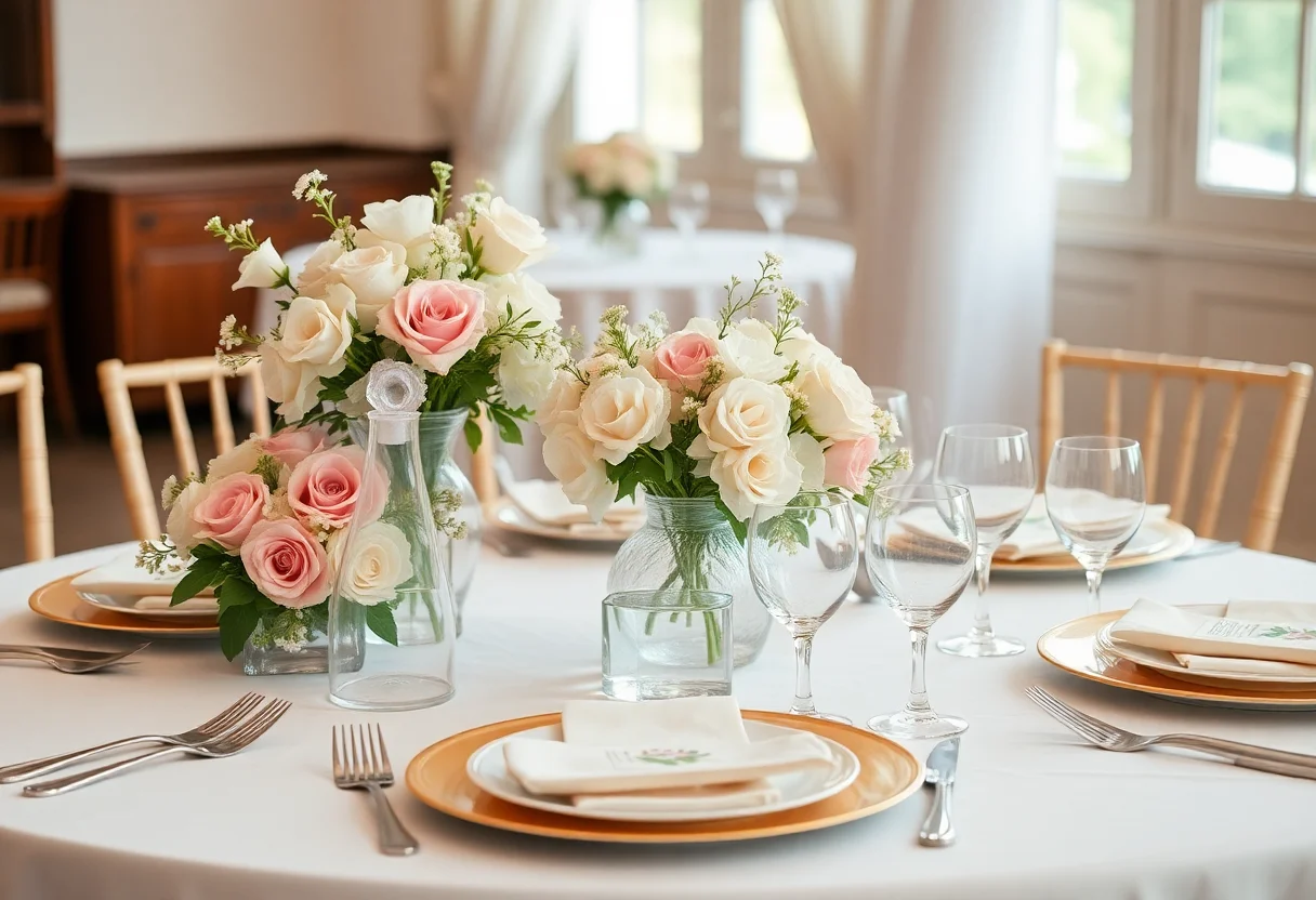 Wedding table setting with pastel floral centerpieces and elegant tableware.