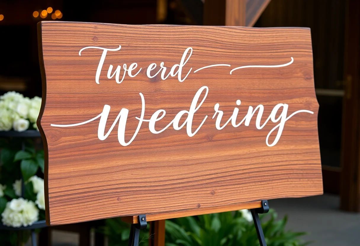 Wooden signage with elegant calligraphy for a wedding.
